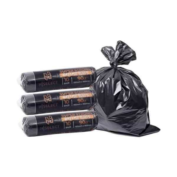 H-Select 90L Black Refuse Bags on Roll – Heavy Duty Bin Liners (750x950mm)